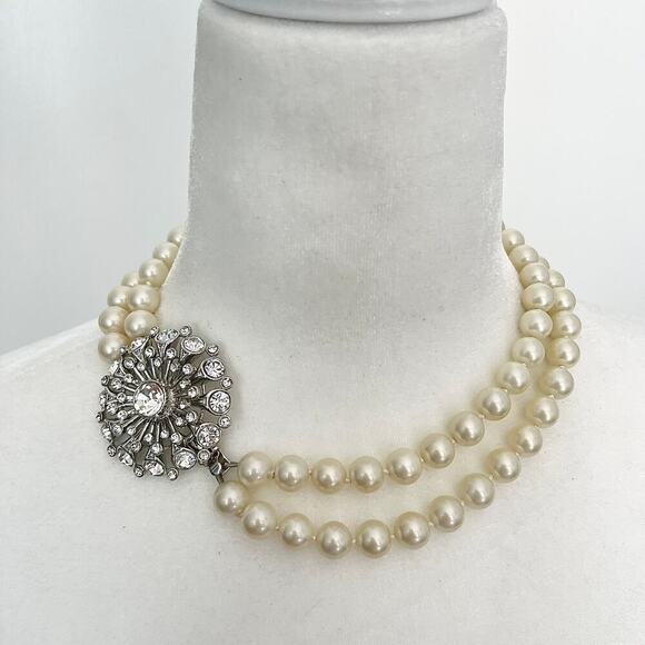 Elegant Double Stand Faux Pearl Rhinestone Studded Burst Box Clasp Necklace - Picture 1 of 7